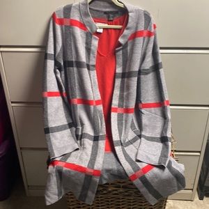 Tahari Womens Size XL New Gray Black Red Window Pane Sweater Open Front Cardigan
